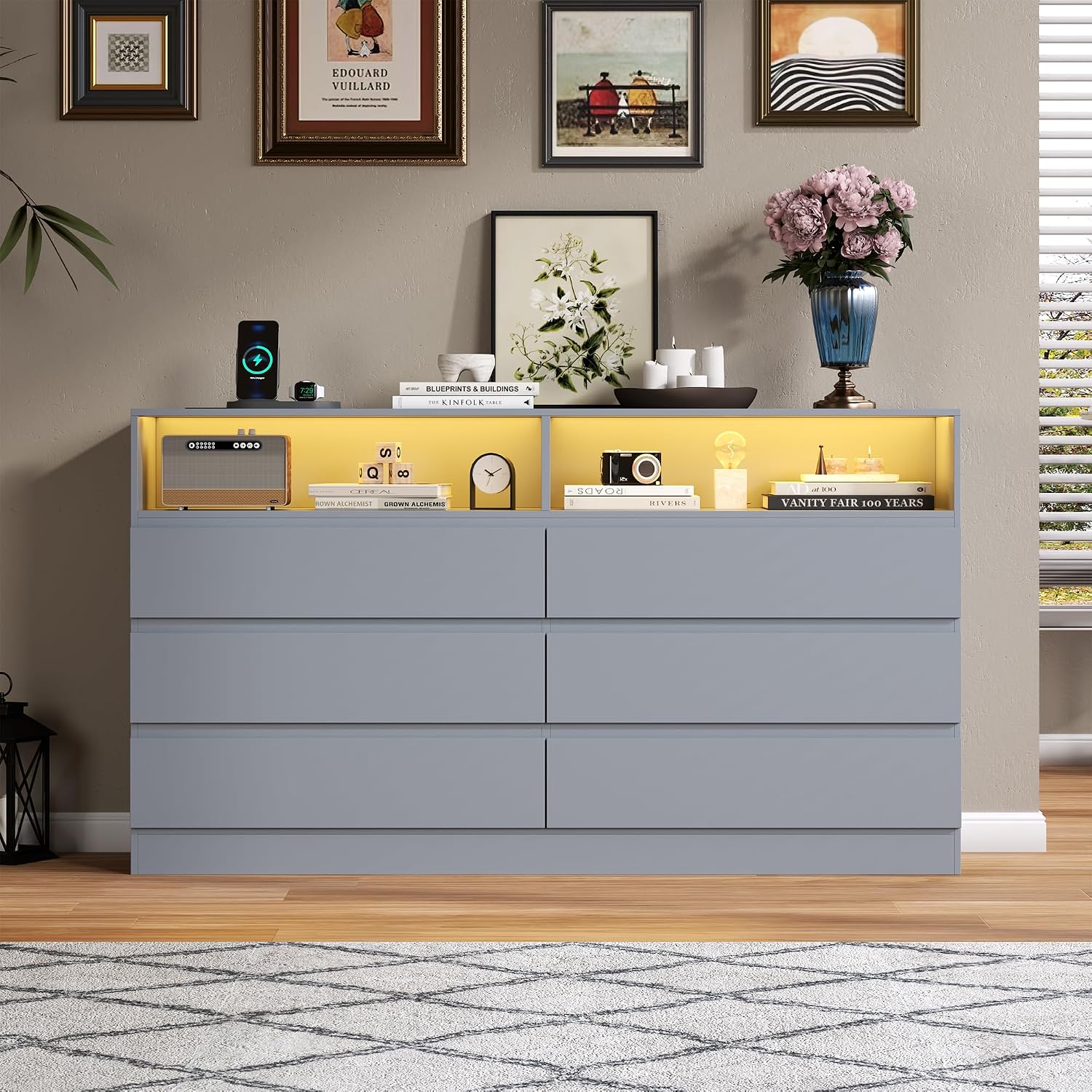 Gyfimoie 6 Drawer Dresser with Power Outlet, Modern Black Dresser Chest of Drawers with LED Ligh, Wooden Dressers TV Stand, Double Wide Dressers Organizer for Bedroom, Living Room, Entryway, Grey