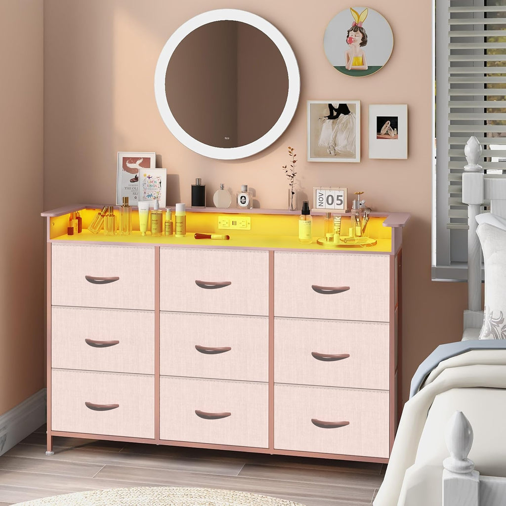 EXOTICA Pink Dresser with LED Light for Girls Bedroom 9 Drawer Dressers with Charging Station Chests of Drawers for Living Room Entryway Closet Hallway Sturdy Steel Frame Wooden Top Easy Pull Handle