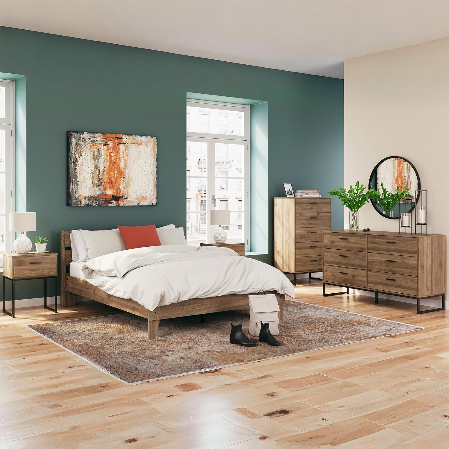 Signature Design by Ashley Deanlow Mid-Century Modern Full Platform Bed with Metal Slats and Center Support Legs, Dark Brown