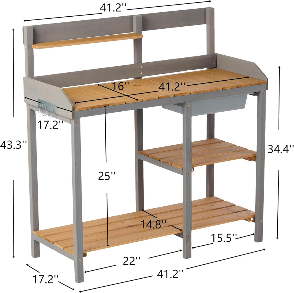42' Outdoor Wooden Potting Bench with Storage Cabinet - 220LBS Capacity Weather-Resistant Gardening Workstation Table, Portable Plant Potting Table for Backyard Patio Greenhouse Brown