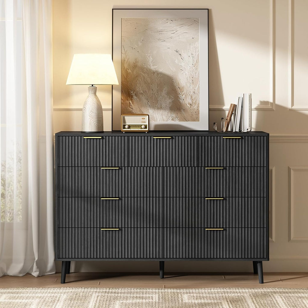 CARPETNAL Fluted 9 Drawer Dresser for Bedroom, 55' Wide Wooden Chest of Drawers with Rounded Corners, Gold Handles, Modern Storage Organizer for Bedroom, Hallway(Black)