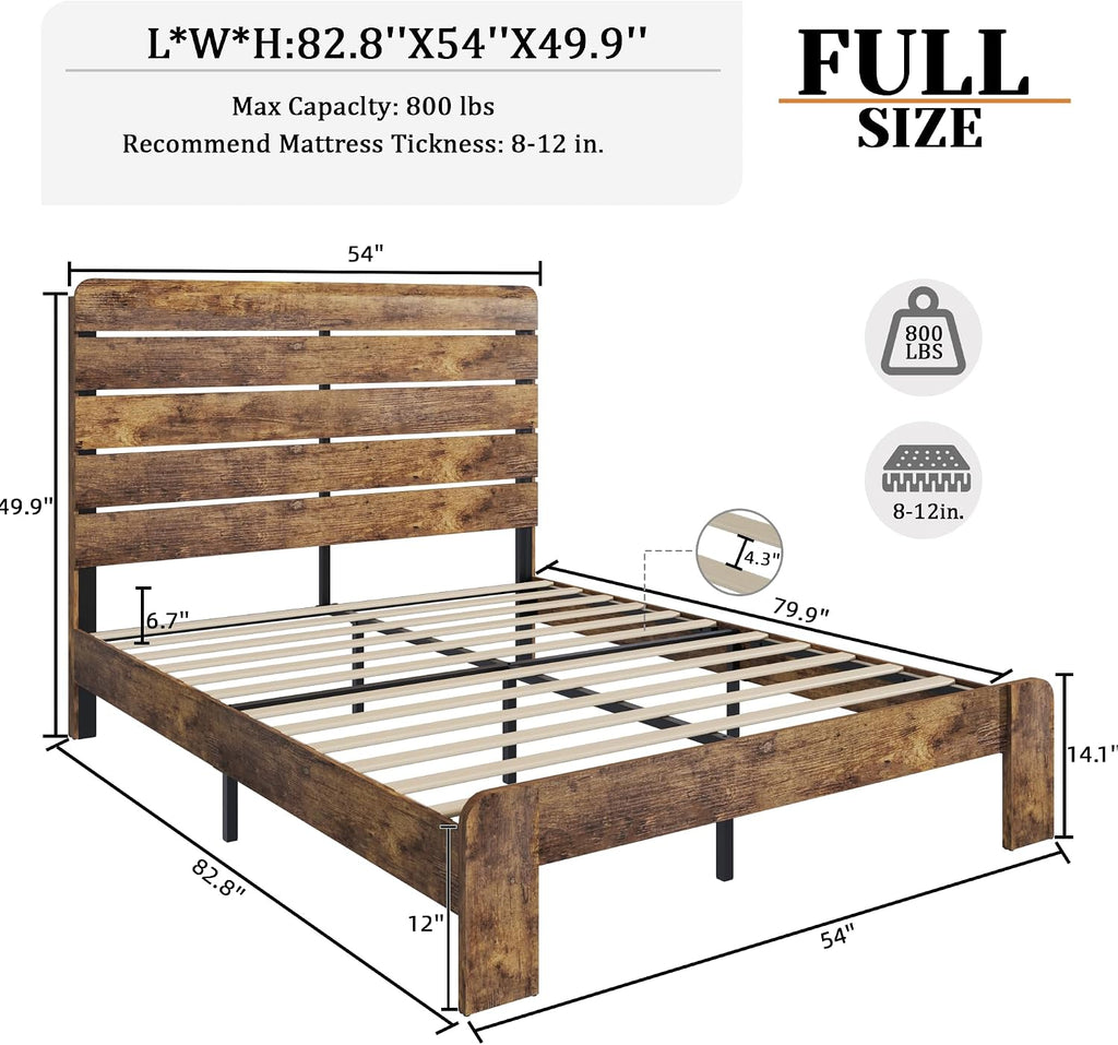 Full Size Wooden Bed Frame with Headboard, Rustic Farmhouse Platform Bedframe with Wood Slat Support, Sturdy and No Noise, Easy Assembly (Brown, Full)