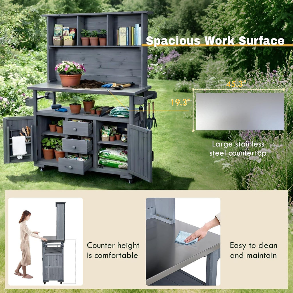 65' Outdoor Potting Bench with Stainless Steel Top, Rolling Garden Potting Table with Storage, Drawers & Cabinets, Patio Kitchen Island for Grilling, Natural Wood (Gray)