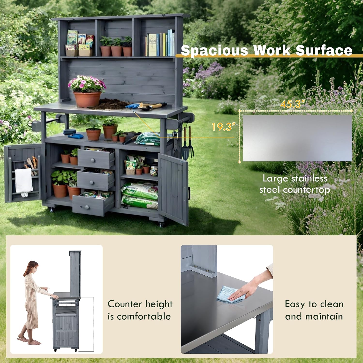 65' Outdoor Potting Bench with Stainless Steel Top, Rolling Garden Potting Table with Storage, Drawers & Cabinets, Patio Kitchen Island for Grilling, Natural Wood (Gray)