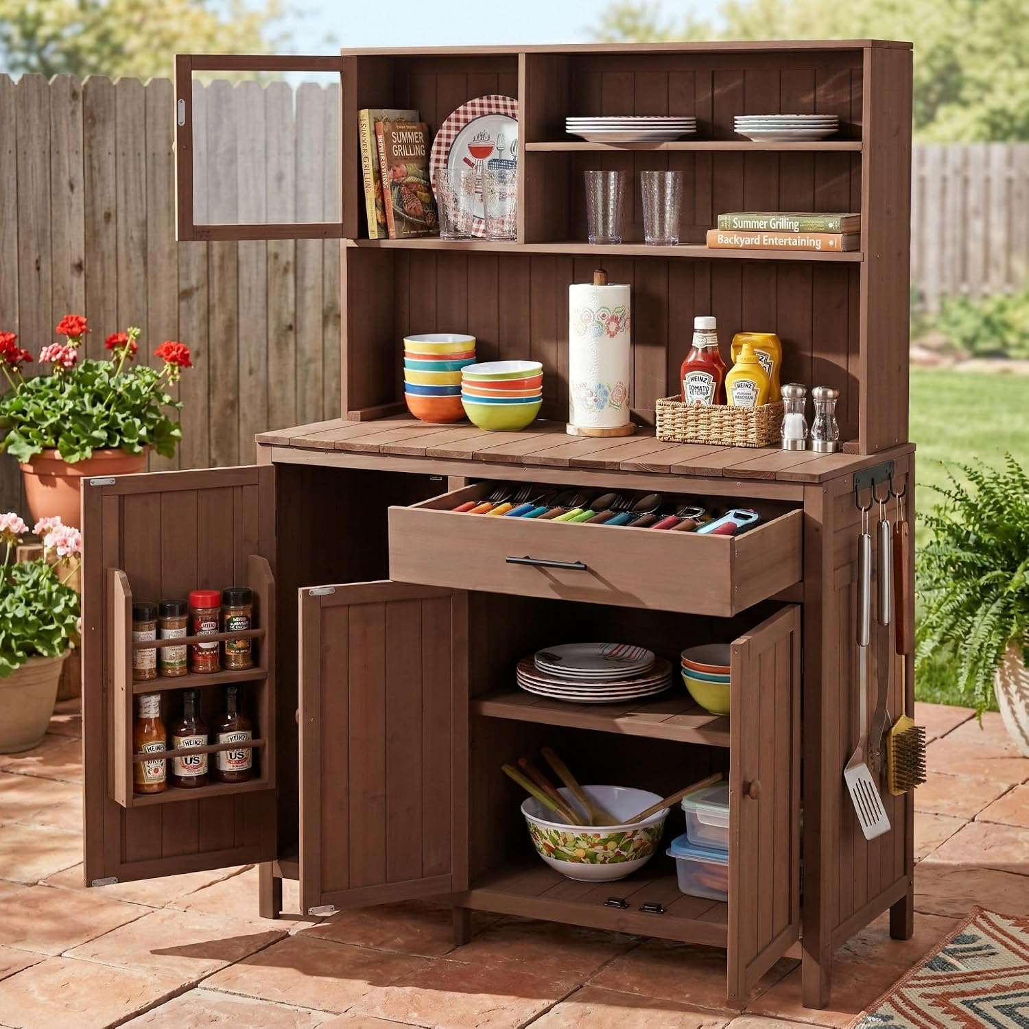 Potting Bench with Hutch, 65' H Solid Fir Wood Garden Workstation, Large Countertop,Patio Kitchen Island with Adjustable Shelves,Spice Rack, Side Hook and Drawer (Brown-Drawer)