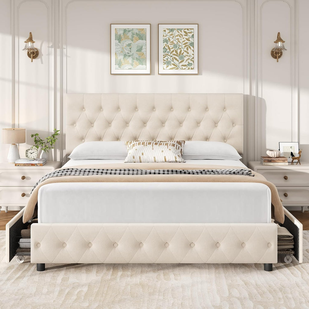 Keyluv Modern Upholstered Bed Frame with 4 Storage Drawers, Button Tufted Headboard Design, Solid Wooden Slat Support, Easy Assembly, Soft Velvet, Beige, King Size