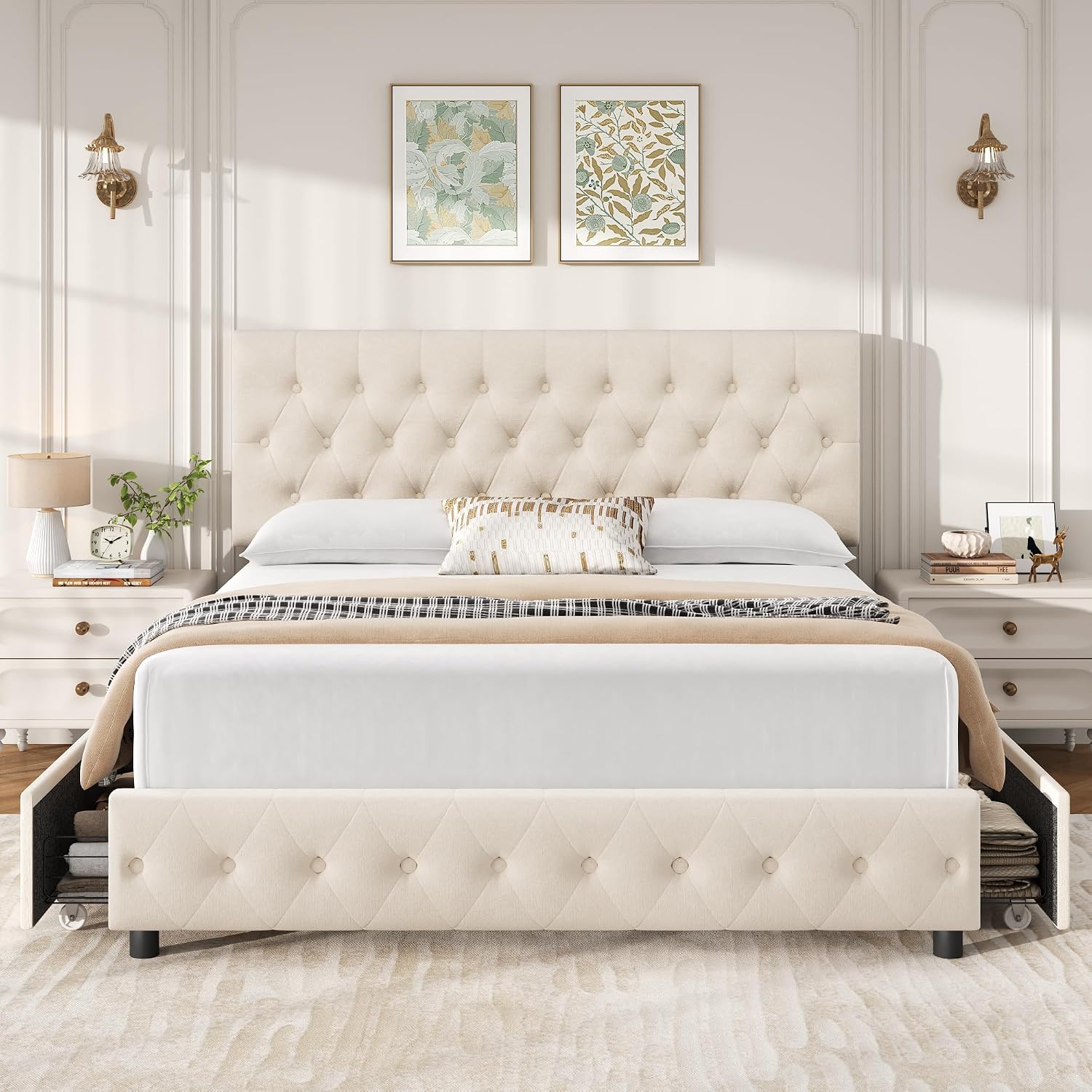 Keyluv Modern Upholstered Bed Frame with 4 Storage Drawers, Button Tufted Headboard Design, Solid Wooden Slat Support, Easy Assembly, Soft Velvet, Beige, King Size
