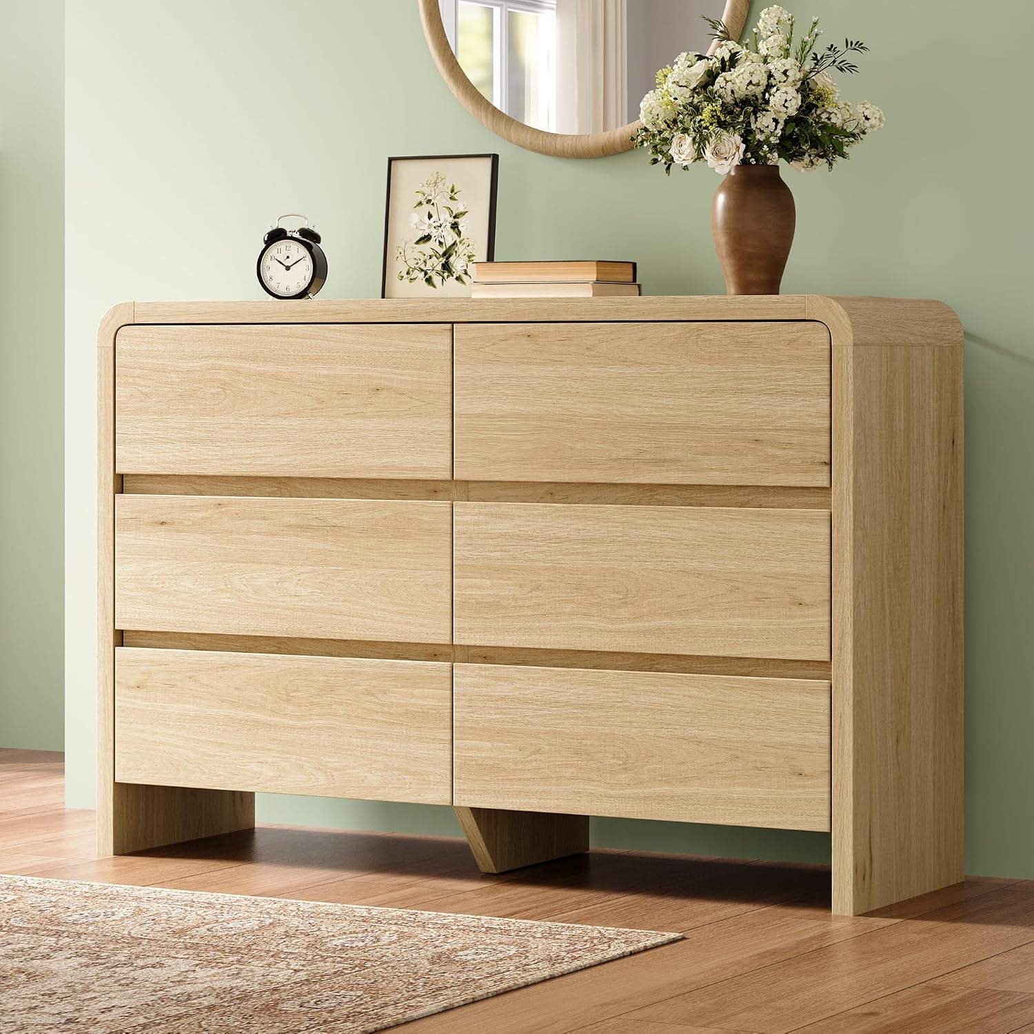 AMERLIFE 6 Drawer Dresser for Bedroom, 49' Wide Modern Storage Cabinet with Rounded Edges & Anti-Tip Kit, Wood Chest of Drawers for Closet, Hallway or Nursery, Easy Assembly, Light Oak Finish