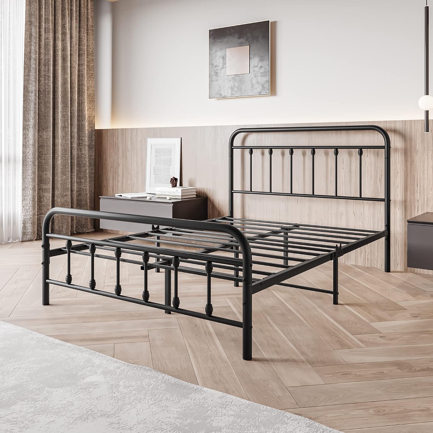 Vintage Full Size Bed Frame with Headboard and Footboard Mattress Heavy Duty Metal Platform, Steel Slat Support (Full, Black Sanded)