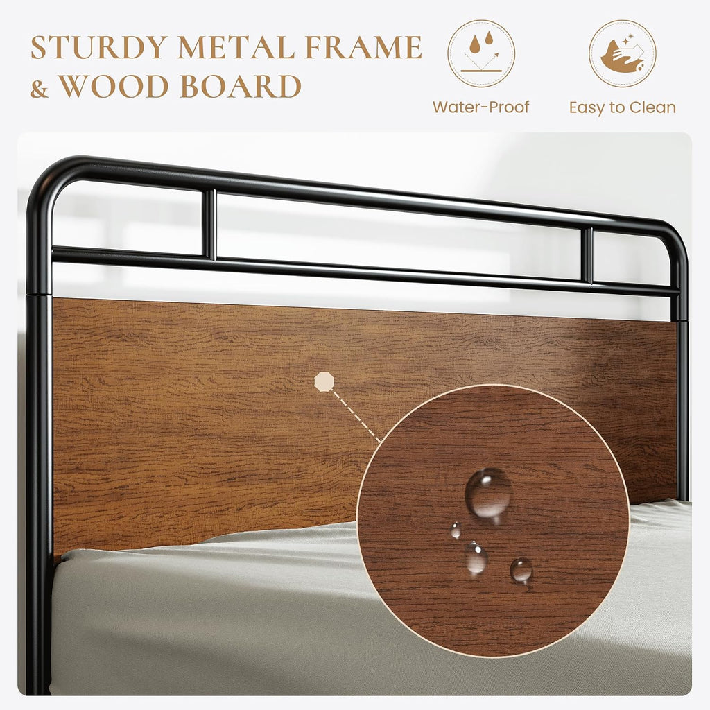 SHA CERLIN Queen Size Bed Frame with Wooden Headboard and Footboard, Rounded Corner Metal Structure, Heavy Duty Slats with Under-Bed Storage, No Box Spring Needed, Walnut