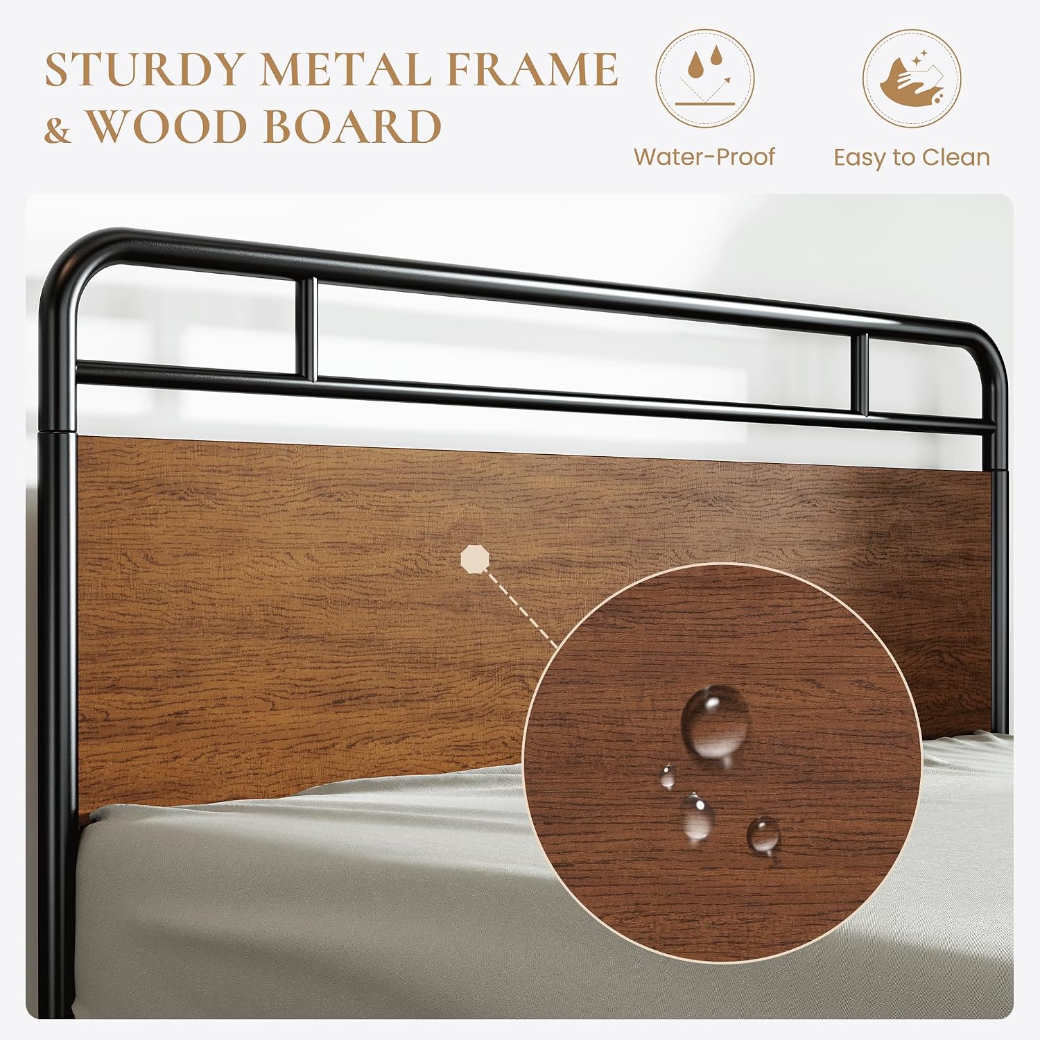 SHA CERLIN Queen Size Bed Frame with Wooden Headboard and Footboard, Rounded Corner Metal Structure, Heavy Duty Slats with Under-Bed Storage, No Box Spring Needed, Walnut