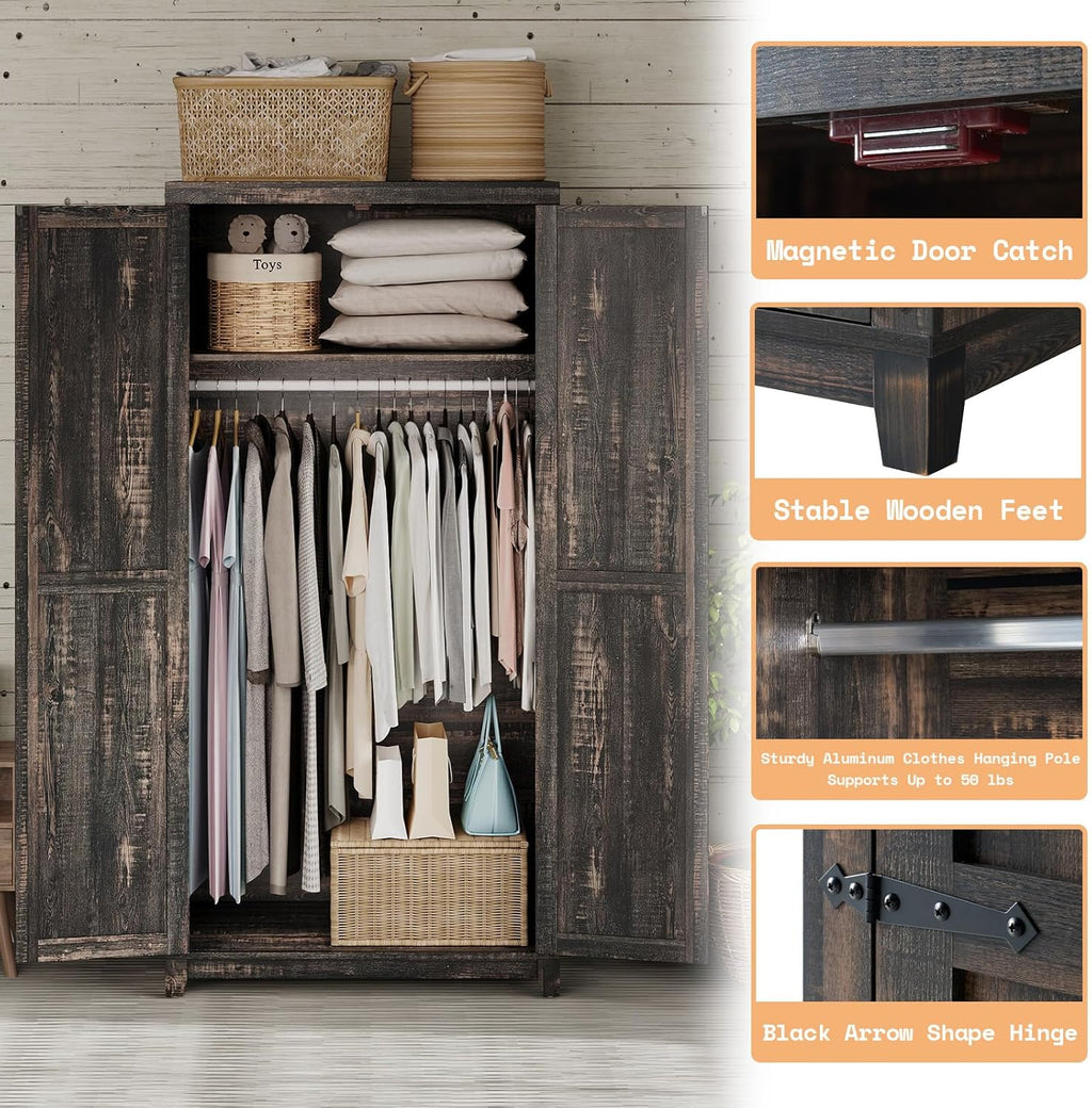 AMERLIFE Set of 2 Farmhouse Armoire Wardrobe Closet with 2 Barn Doors, 71'' Storage Cabinet with Shelf & Hanging Rod, Versatile Clothing Storage for Bedroom, Black Oak