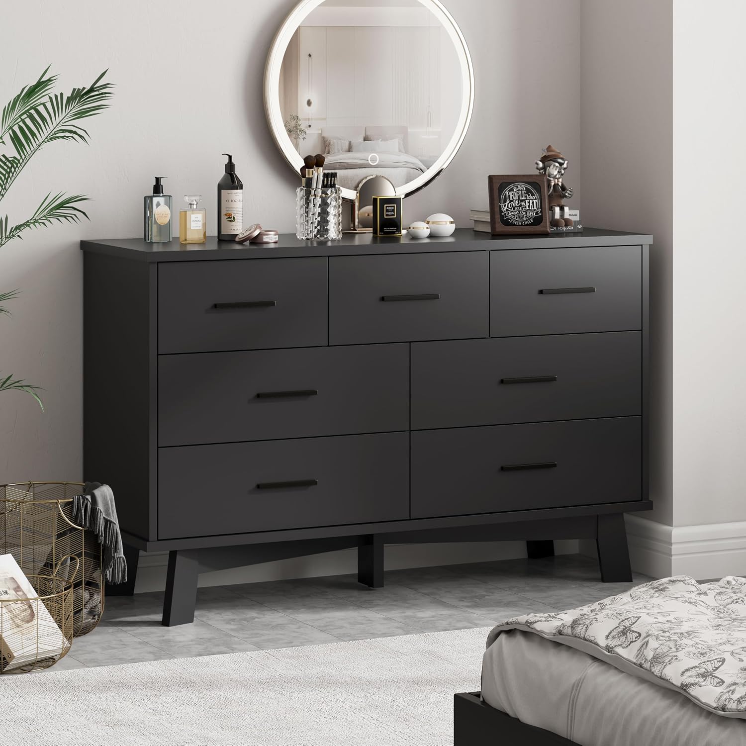 Xixini Dresser for Bedroom with 7 Drawer, Wood Modern Chest of Drawers with X-Shaped Sturdy Base, Wide Double Dresser Closet Clothes Storage Organizer, Wooden TV Stand for Living Room, Hallway, Black