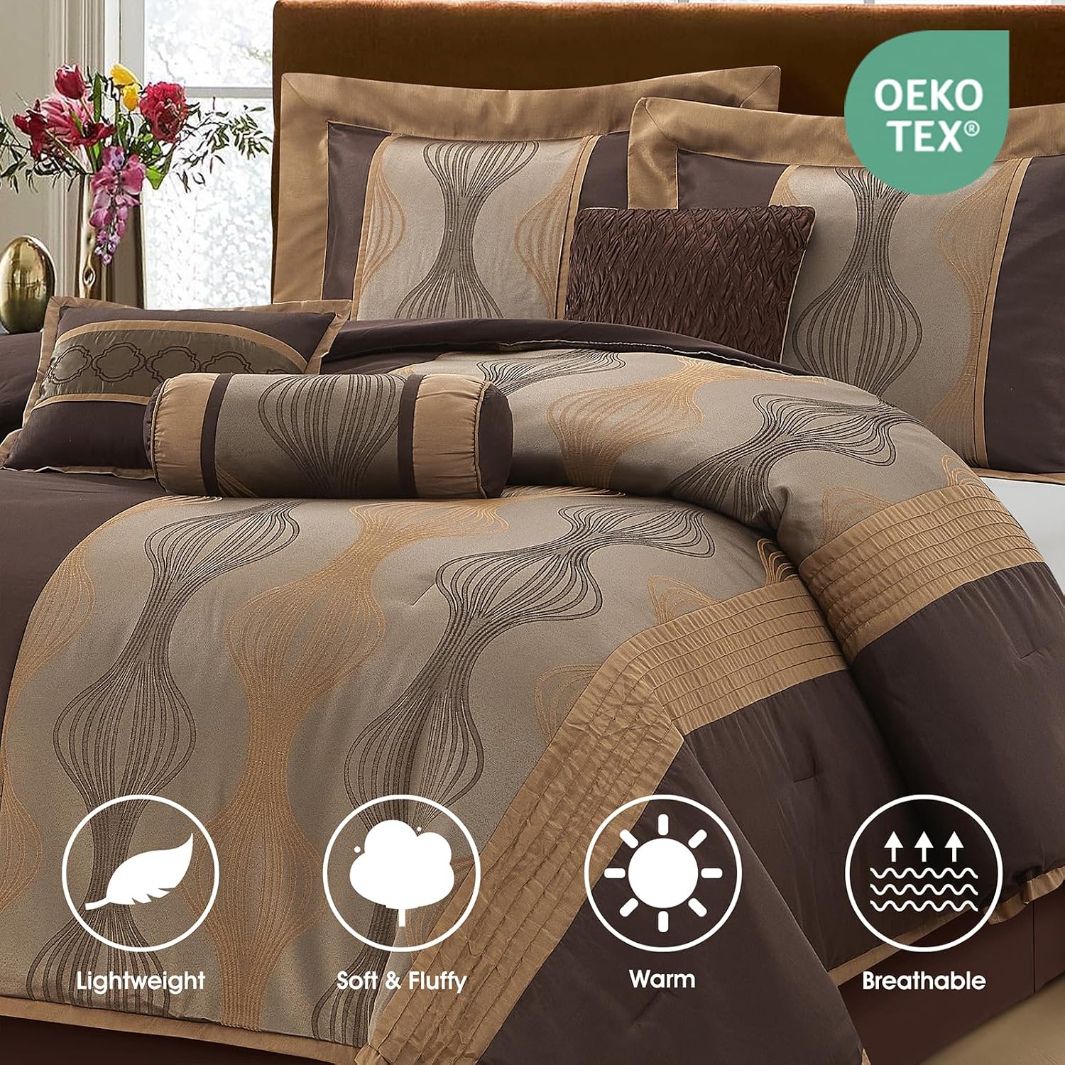 LANCO MODERN LIFESTYLE Queen Comforter Set, Brown, 7 Pieces Bed in a Bag, Ultra Soft Jacquard with Solid Piecework, Luxury Bed Set with Comforters, Bed Skirt, Pillow Shams and Decorative Pillows