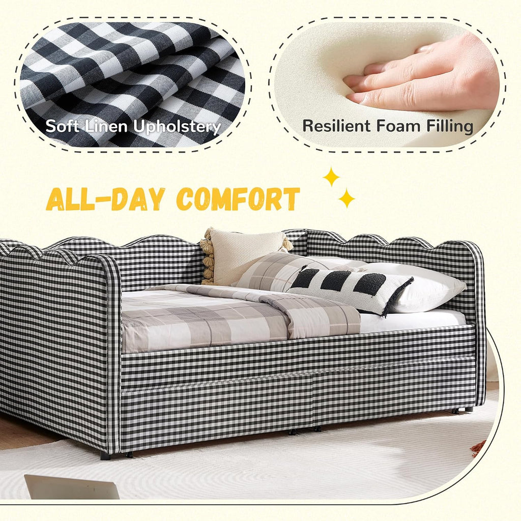 DEINPPA Full Size Upholstered Daybed with 2 Storage Drawers, Gingham Daybed with USB Ports for Bedroom Living Room Guest Room-Black