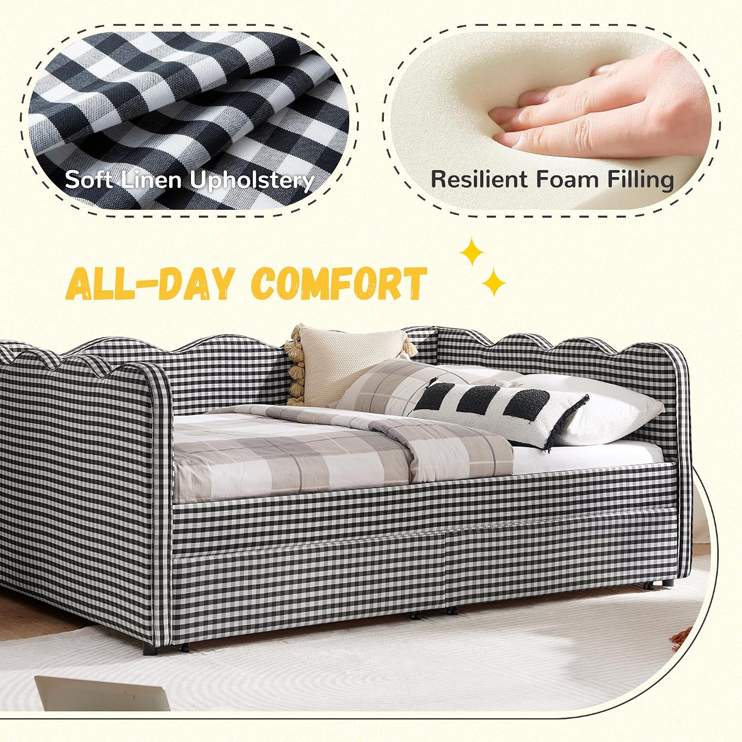 DEINPPA Full Size Upholstered Daybed with 2 Storage Drawers, Gingham Daybed with USB Ports for Bedroom Living Room Guest Room-Black