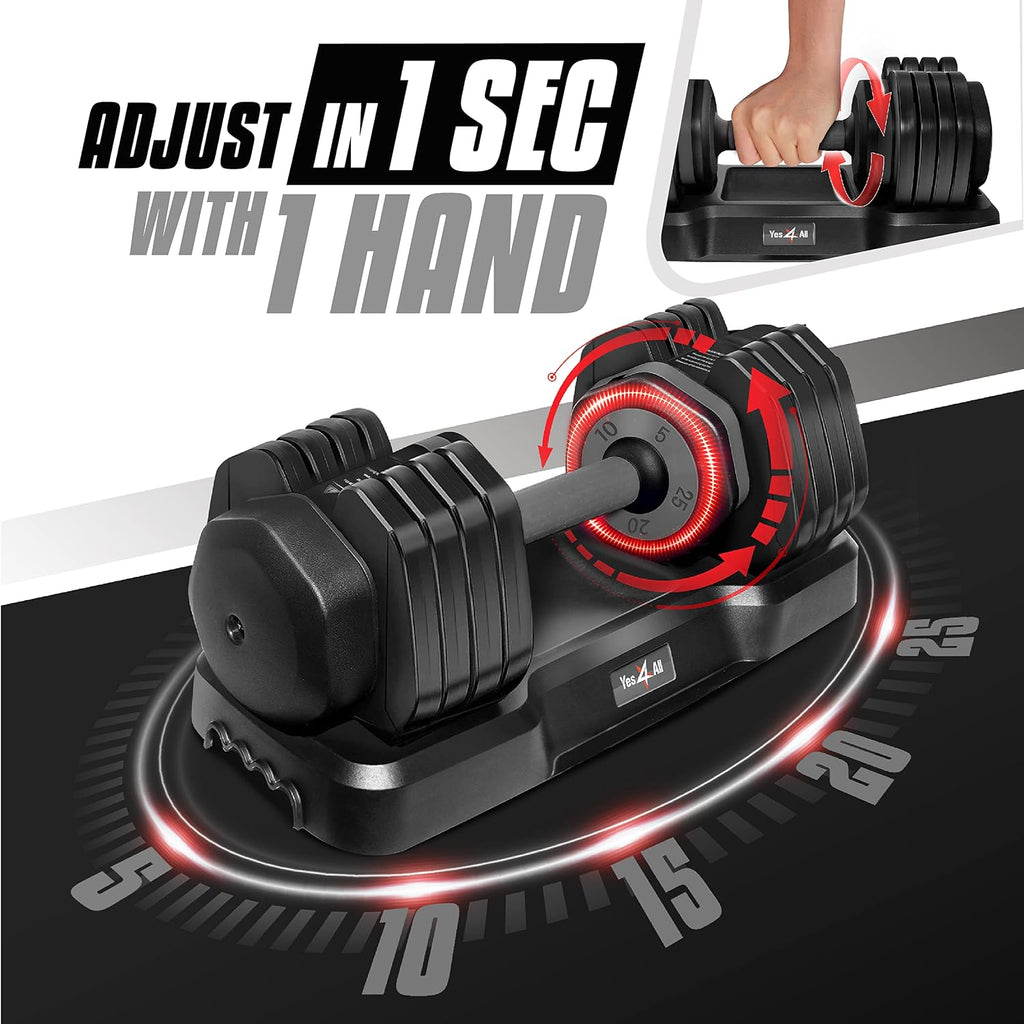 Yes4All 25/55LB Single/Pair Adjustable Dumbbells Weights, 5 in 1 Free Weights Dumbbell with One Second Dial Handle for Different Workout Levels