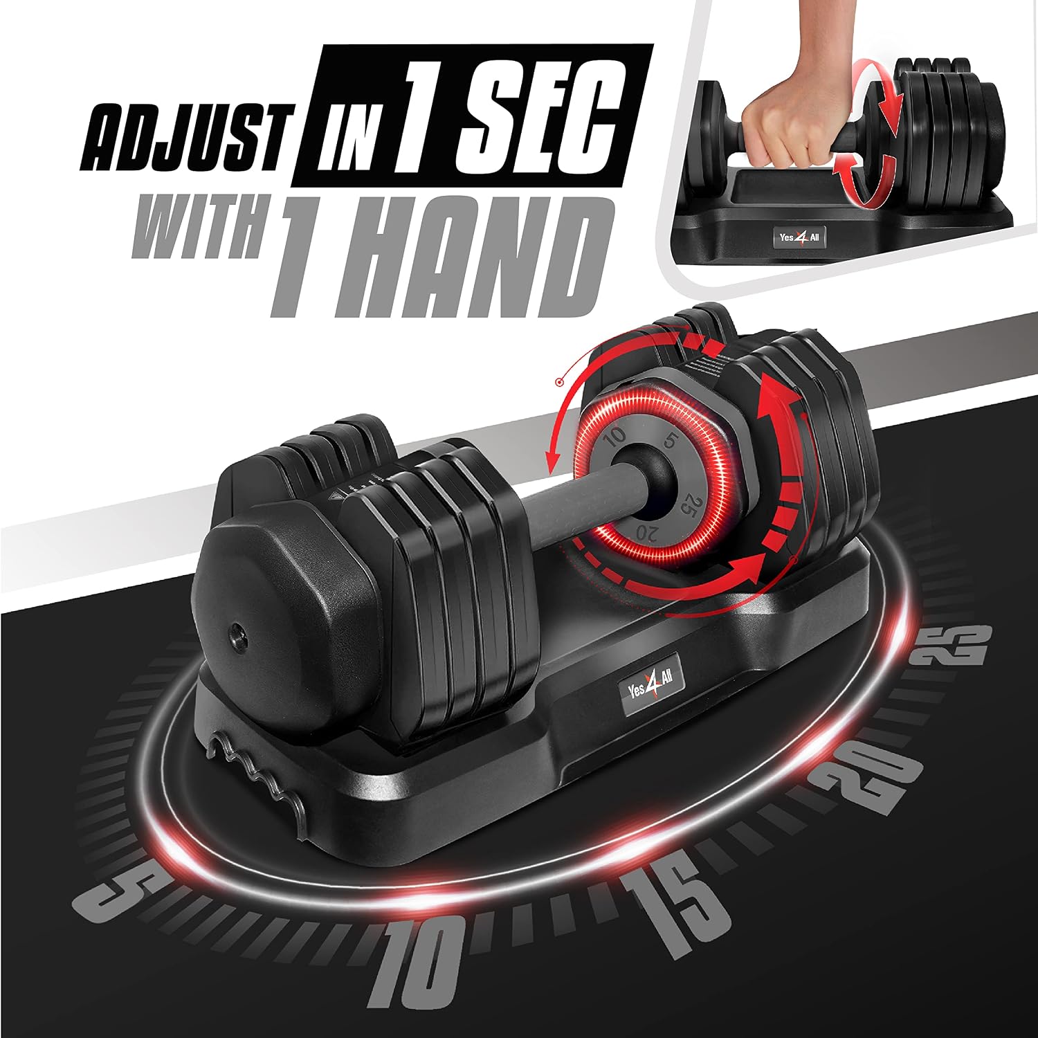 Yes4All 25/55LB Single/Pair Adjustable Dumbbells Weights, 5 in 1 Free Weights Dumbbell with One Second Dial Handle for Different Workout Levels