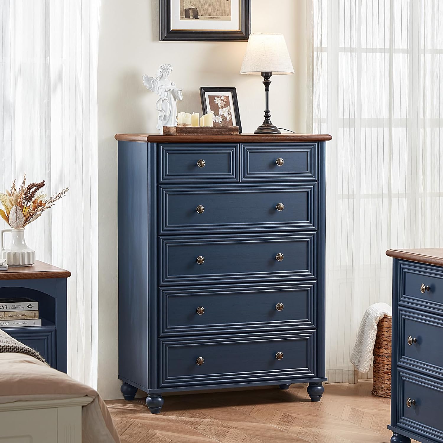 Farmhouse Dressers & Night Stand Set of 3, Wood 54' Wide Dresser & 43.5'Tall Chest of Drawers, 18' with Charging Station Nightstand, Bedroom Furniture 7 Drawer Dresser Set for Home Living Room Hallway