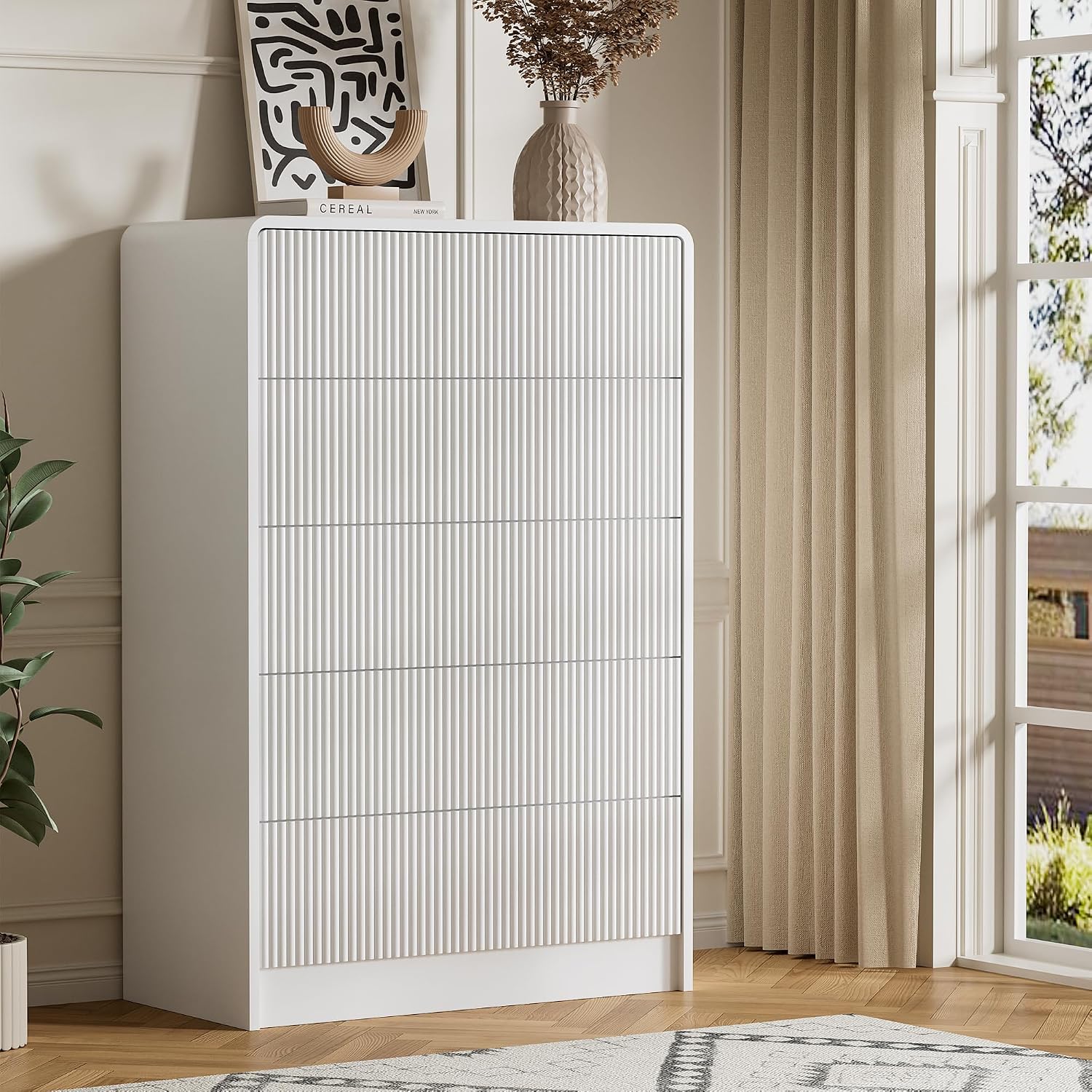 Furniway White 5 Drawer Dresser for Bedroom, Curved Tall Dresser with Push-to-Open Design, Chest of Drawers for Bedroom, Living Room, Hallway, 15.7'D x 32'W x 47.2'H