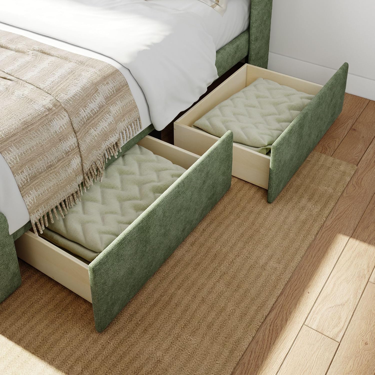 Plank+Beam Upholstered Full Bed Frame with Rectangular Headboard and Two Storage Drawers, Upholstered Platform Bed, No Box Spring Needed, Easy Assembly, Green