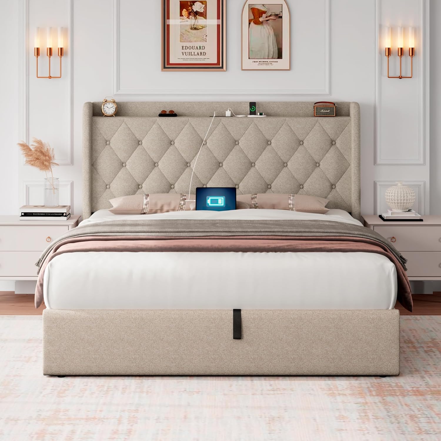 iPormis Full Size Lift Up Storage Bed Frame with Charging Station, Upholstered Platform Bed Frame with Tufted Headboard, Hydraulic Storage, No Box Spring Needed, Noise-Free, Easy Assembly, Beige