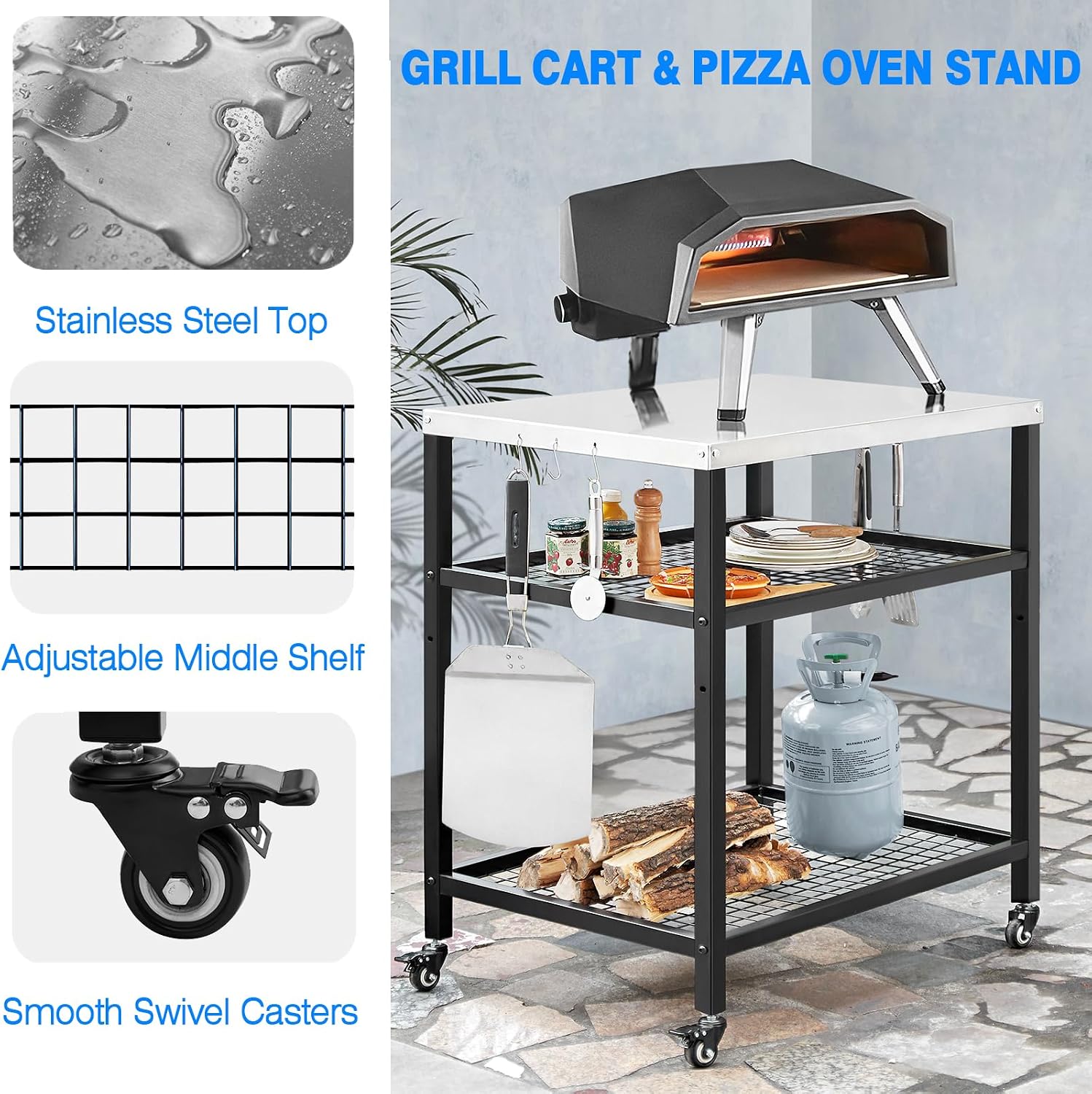 Stainless Steel Grill Cart with Cover Pizza Oven Stand with Water-proof Cover Trolley Table with Wheels Three-Shelf Movable Food Prep and Work Table Heavy Duty Grill Cart Outdoor 31.5'×24'×35.5'