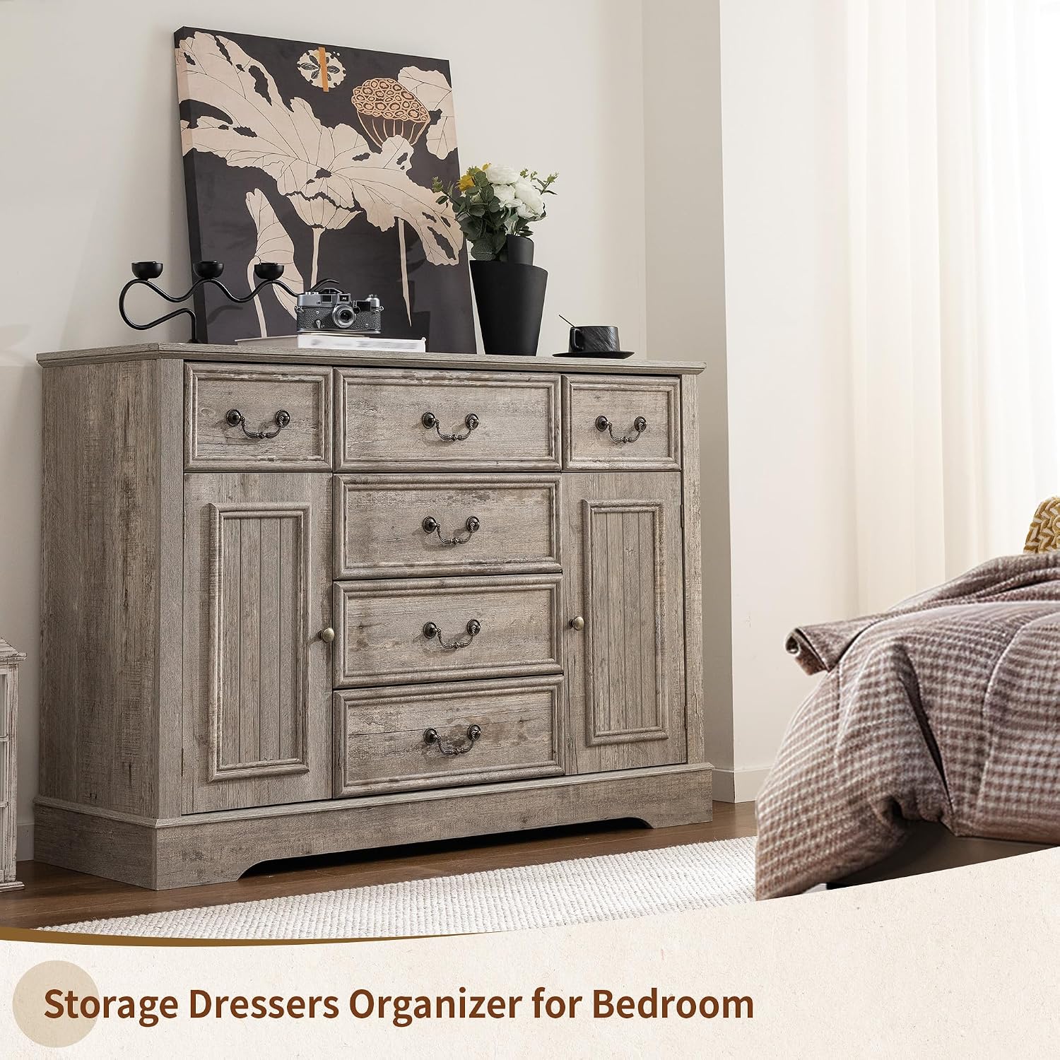 Homkdom Dresser for Bedroom with 6 Drawers & 2 Doors with Silent Gliding Drawers for Bedroom,Dining Room, Hallway,Grey