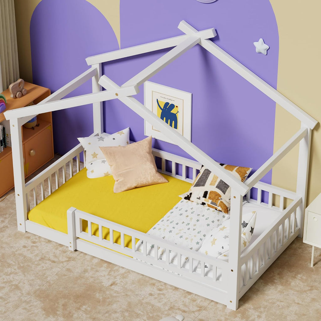 LLS Twin House Bed with Fence, Wooden Montessori Bed with Slats Support, Floor Bed Frame for Boys Girls Bedroom, White