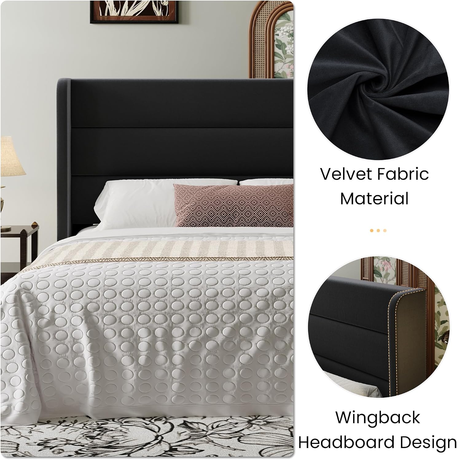 SHA CERLIN Full Size Velvet Bed Frame with Wingback Headboard/Upholstered Platform Bed with Wooden Slats/Mattress Foundation/No Box Spring Needed/Easy Assembly/Black