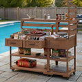 Outdoor Kitchen Island with Stainless Steel Top, 62 in | Fir wood, stainless steel top, raised shelf, modular 2-cart design, lockable wheels, BBQ prep, 62.3 W x 28.6 D x 65 H in
