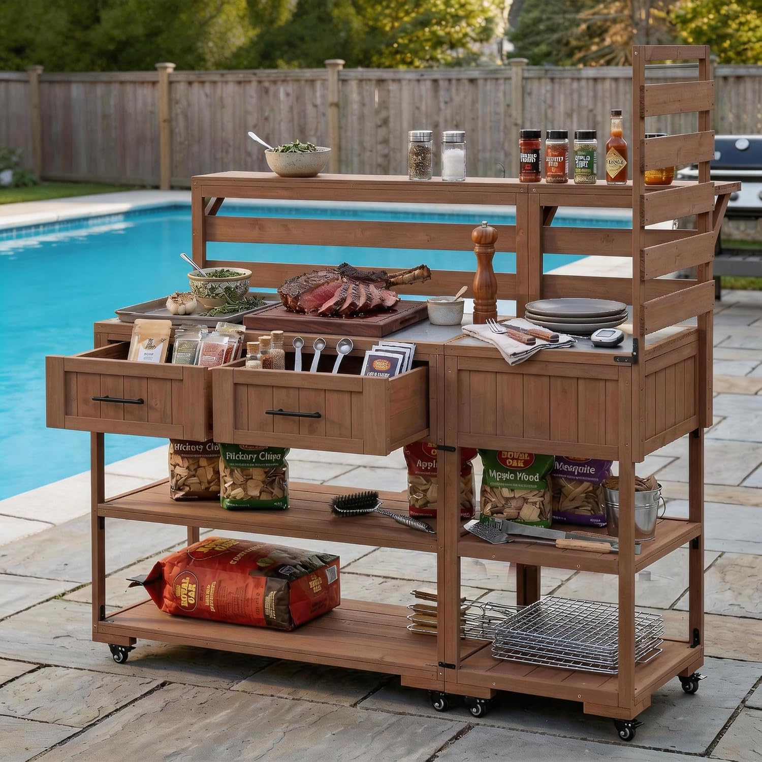 Outdoor Kitchen Island with Stainless Steel Top, 62 in | Fir wood, stainless steel top, raised shelf, modular 2-cart design, lockable wheels, BBQ prep, 62.3 W x 28.6 D x 65 H in