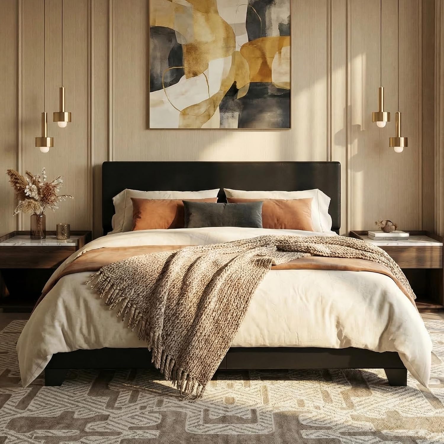 SHA CERLIN Black Queen Platform Upholstered Bed Frame with 3 Level Height-Adjustable headboard, Wood Slats Support, No Box Spring Needed, Easy Assembly, Easy Clean Up