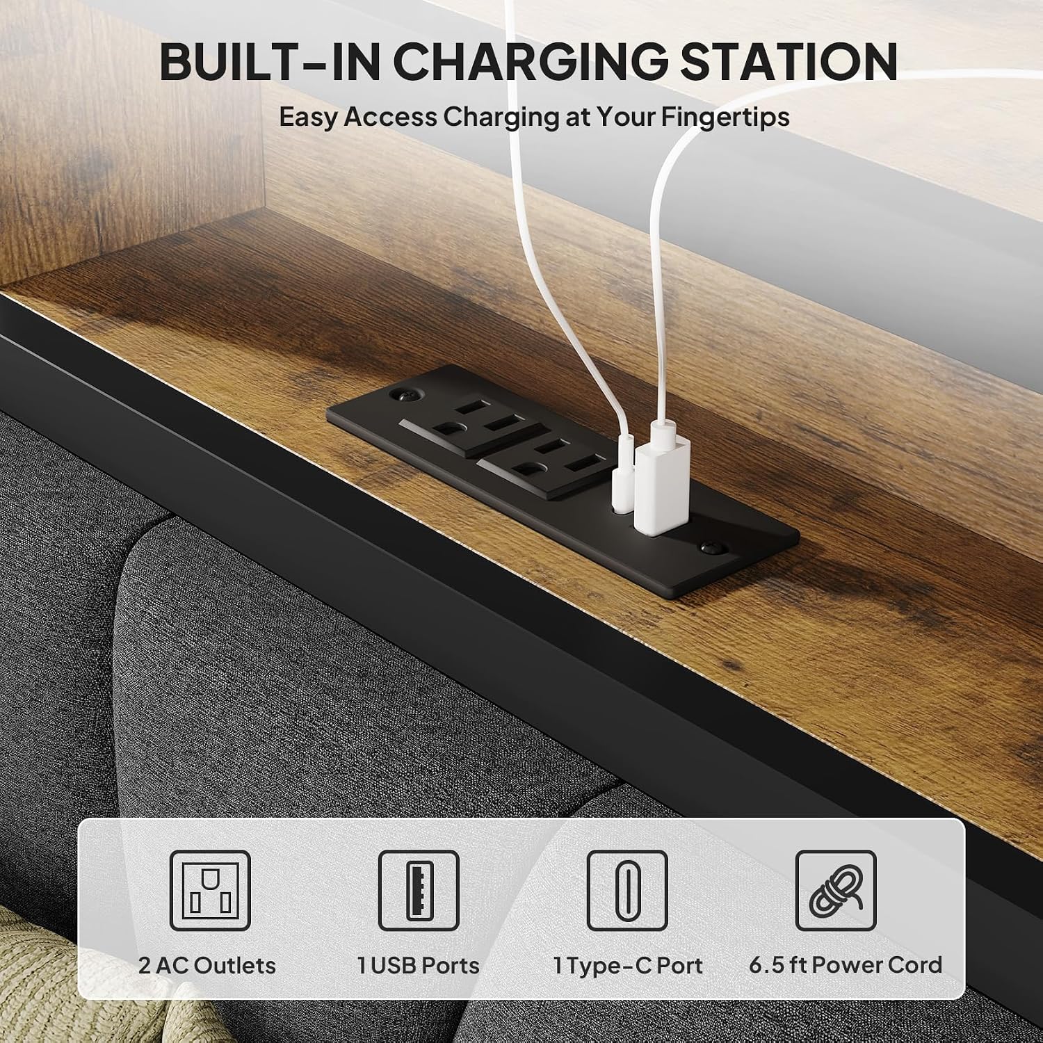 Welzona Full Size Bed Frame with Charging Station, LED Bed with Upholstered Storage Headboard, Solid and Stable, Noise Free, No Box Spring Needed, Easy Assembly, Vintage Brown