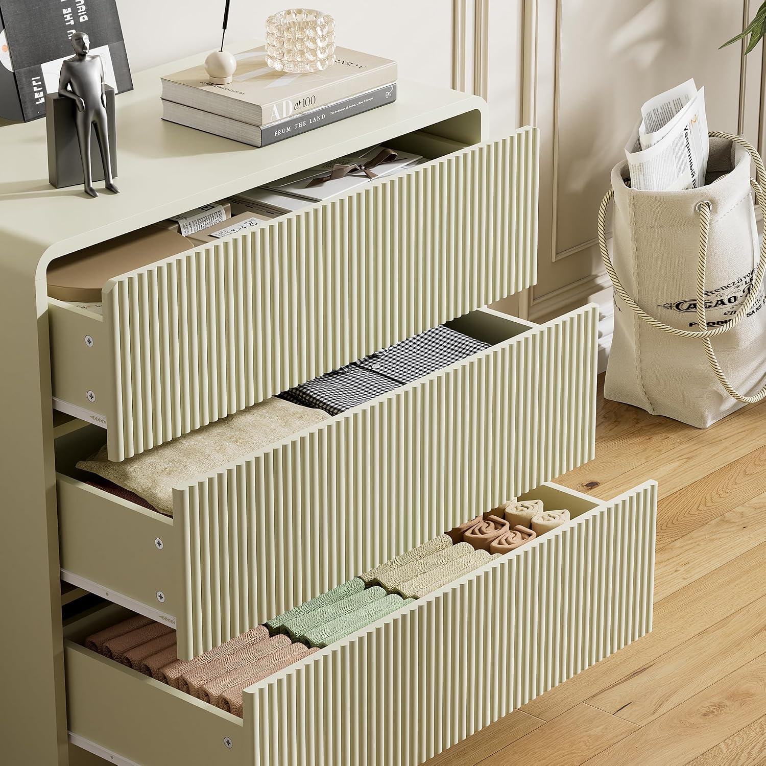 Furniway Beige 3 Drawer Dresser, 32' Wide Wood Chest of Drawers with Curved Design, Modern Fluted Dresser with Push-to-Open Storage for Bedroom