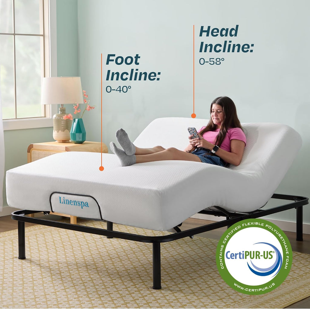 Linenspa Adjustable Bed Frame - Independent Head and Foot Incline - Powerful Quiet Motor - Easy Toolless Assembly - Lounging - TV - Working - Reading - Ergonomic - Electric Bed Base - Twin XL Size