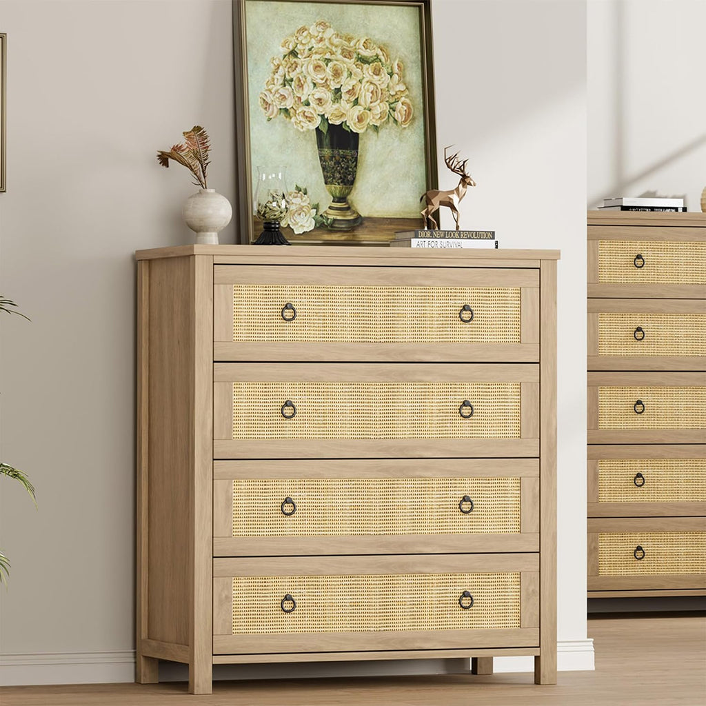 IDEALHOUSE Rattan Dresser for Bedroom, Chest of Dressers 37' Tall Dresser for Closet with 4 Rattan Drawers Chest with Clothes Storage Cabinet, Drawer Organizer for Bedroom, Living Room, Hallway