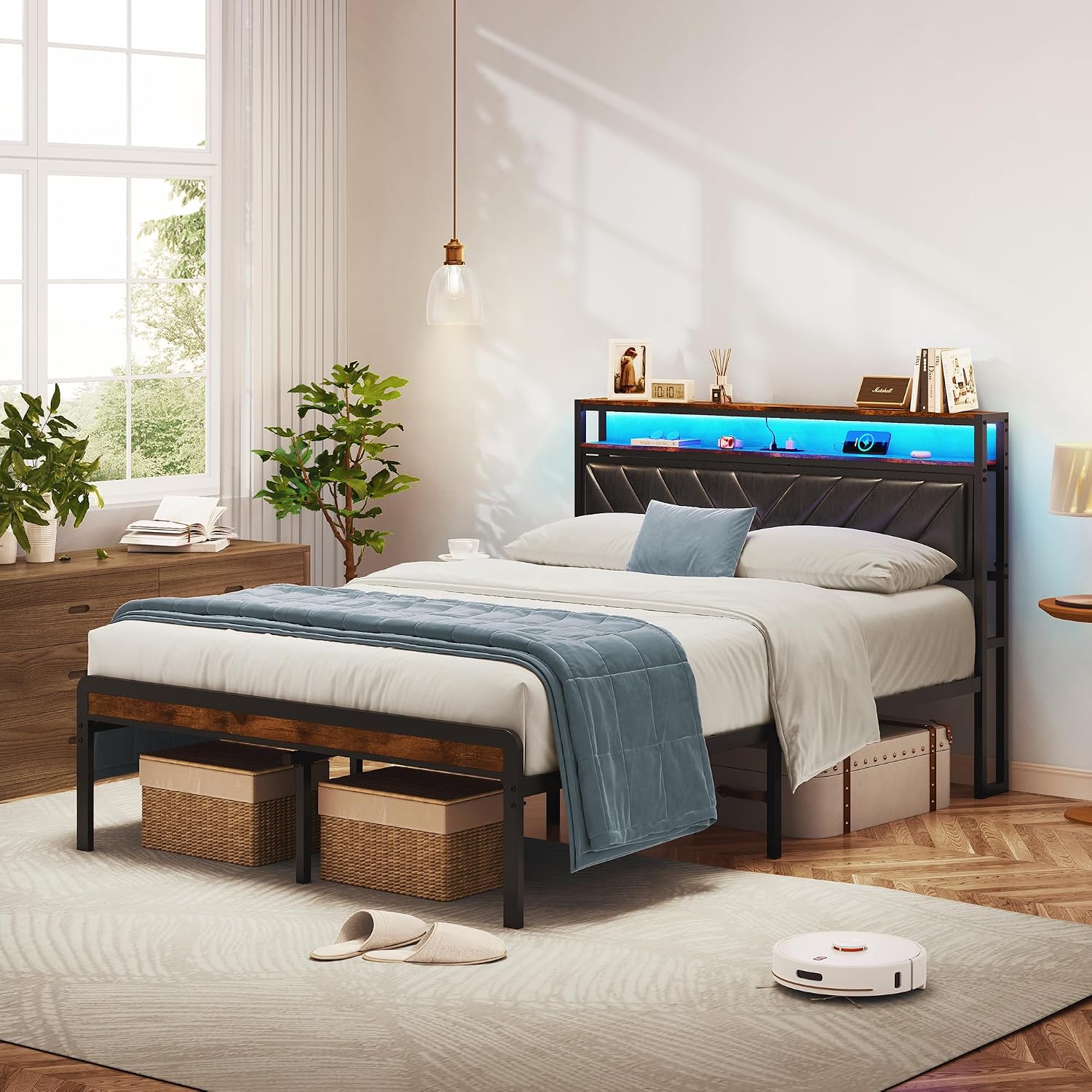 Bellemave Full Size Bed Frame with Charging, Full Bed Frame with Headboard and Charging Station, Brown Platform BedFrame with Led Lightstation, No Box Spring Needed, (Full, Black and Brown)