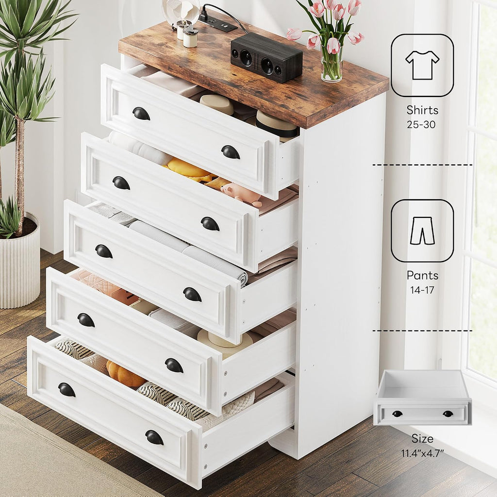LIKIMIO 5-Drawer 43' Tall Dresser with Built-in Charging Station - Farmhouse Style Bedroom Storage Cabinet, Brown & White