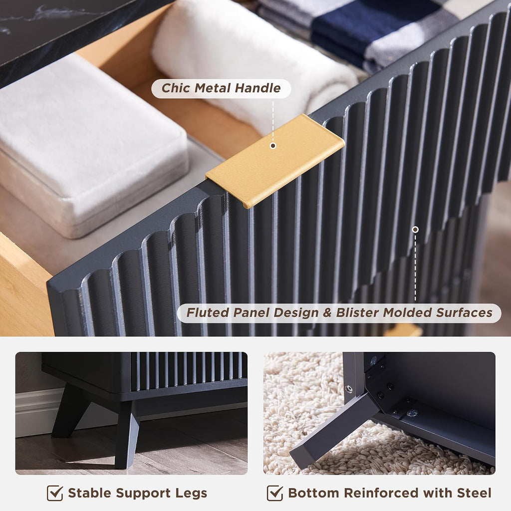 T4TREAM Fluted 6 Drawers Dresser, 54' Wide Modern Chest of Drawers with Faux Marble Top, Curved Profile Design, Dresser TV Stand, Wood Drawer Organizer for Bedroom, Living Room, Hallway, Dark Grey