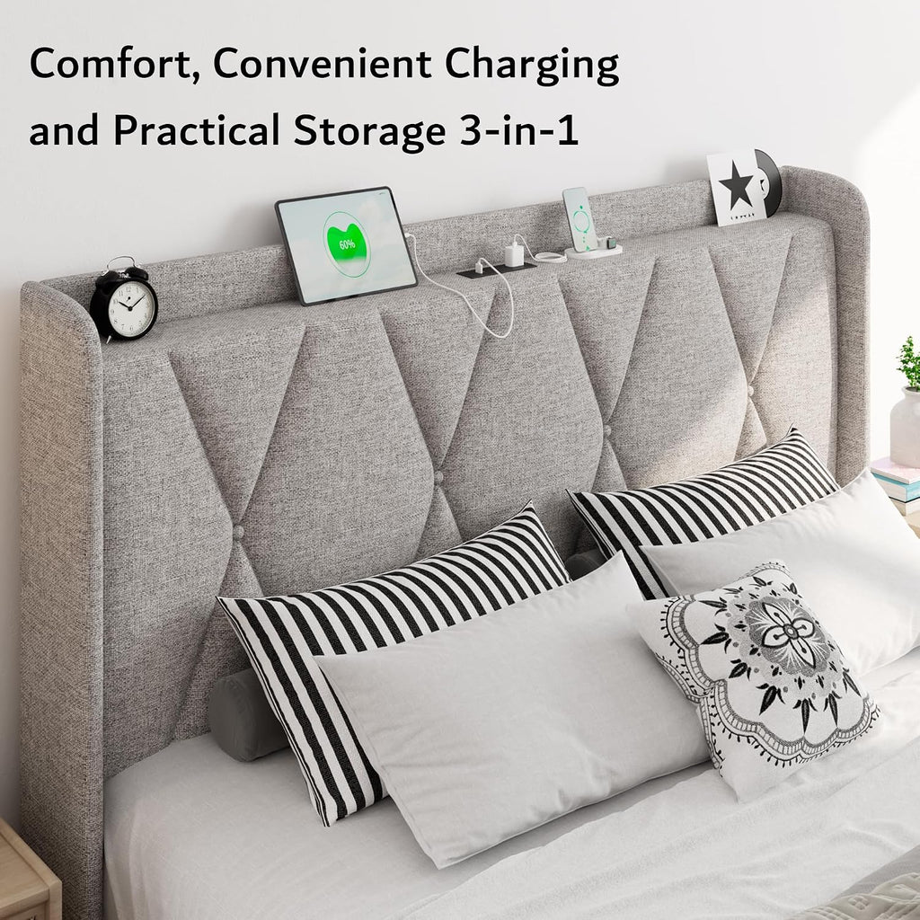 iPormis Full Size Bed Frame with 4 Storage Drawers, Upholstered Platform Bed Frame with Charging Station, Modern Wingback Storage Headboard, Easy Assembly, Light Grey