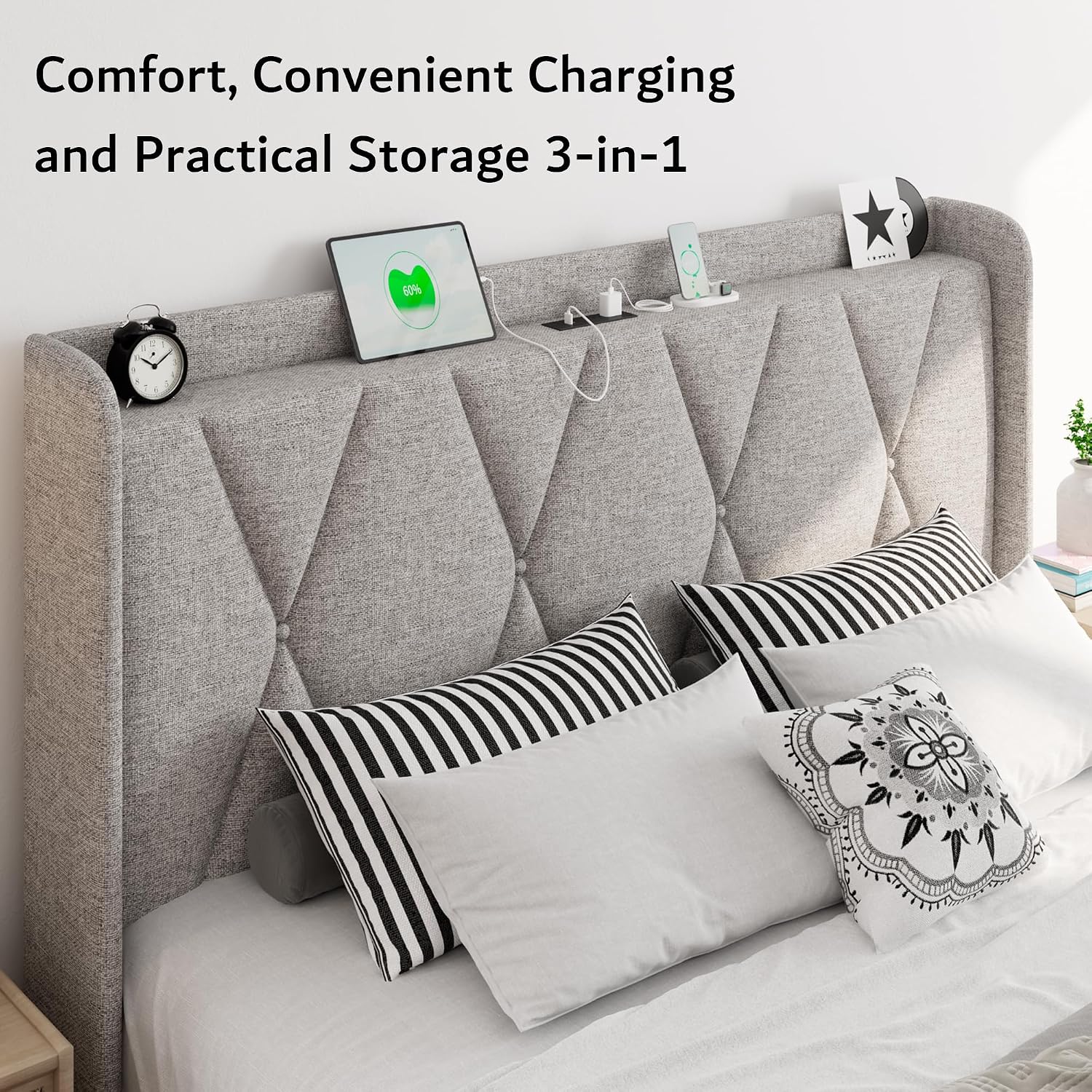 iPormis Full Size Bed Frame with 4 Storage Drawers, Upholstered Platform Bed Frame with Charging Station, Modern Wingback Storage Headboard, Easy Assembly, Light Grey