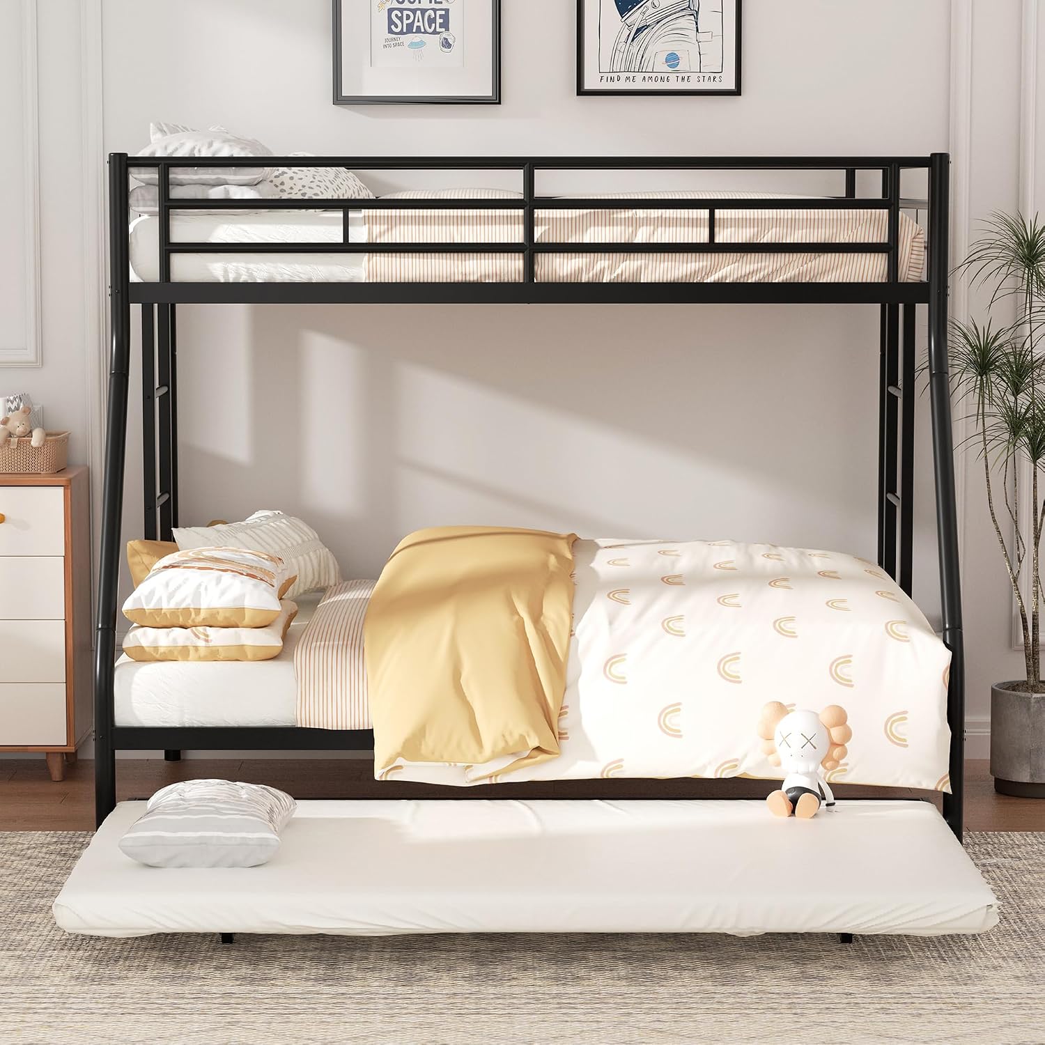 Shintenchi Bunk Bed Twin Over Full Size with Trundle, Heavy-Duty Twin&Full Frame with Full-Length Guardrail and Two Ladders, Triple for Kids, Teens and Adults, Space-Saving, Black