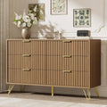 LYNSOM Fluted Dresser for Bedroom, Walnut 6 Drawer Dresser with Gold Handles and Wide Drawers, Wood Chest of Drawers for Bedroom, Hallway