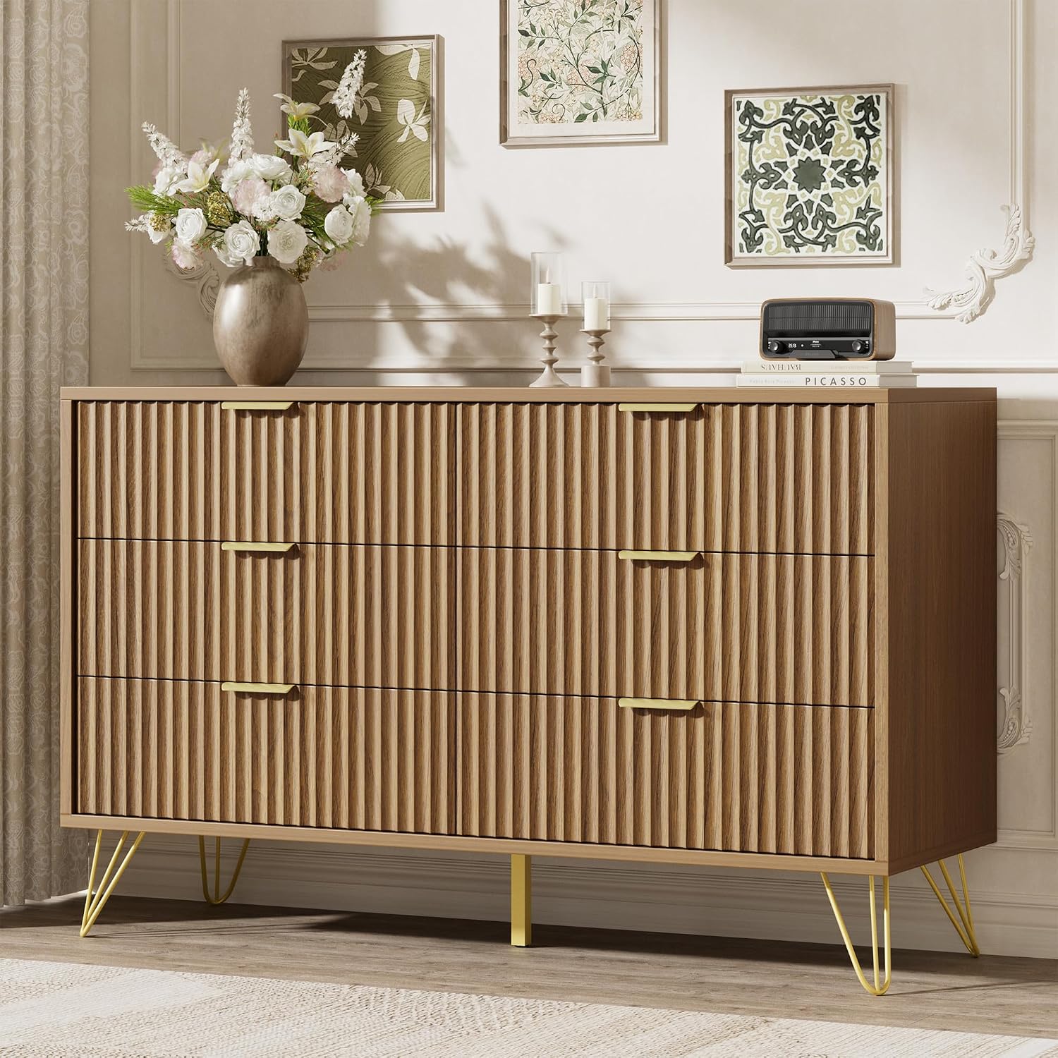 LYNSOM Fluted Dresser for Bedroom, Walnut 6 Drawer Dresser with Gold Handles and Wide Drawers, Wood Chest of Drawers for Bedroom, Hallway