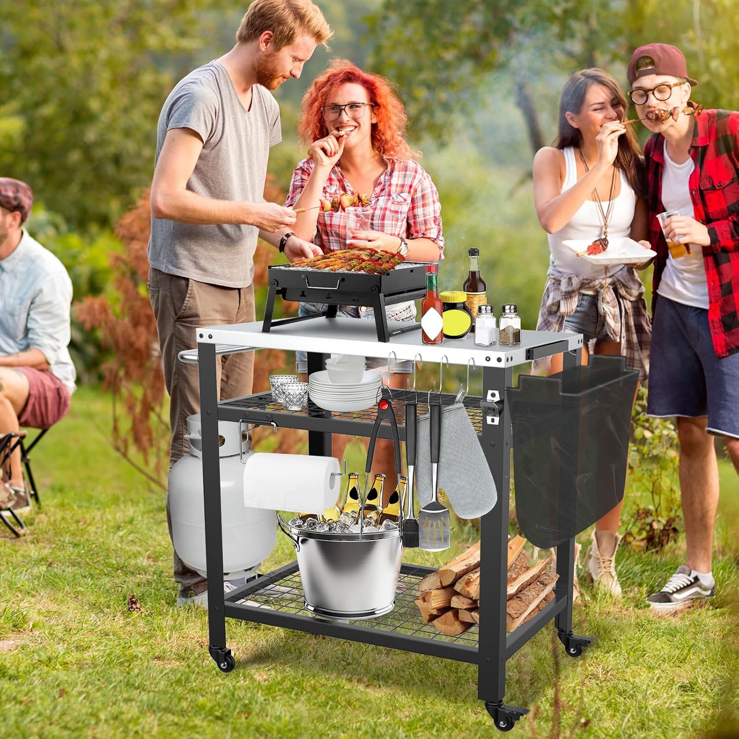 M METERXITY Stainless Steel Pizza Oven Table for Ooni, 650lbs Outdoor Grill Cart with Wheels and Handle, 32'x 24' Three-Shelf Food Prep Cart for Griddle, Movable Outdoor Pizza Cart