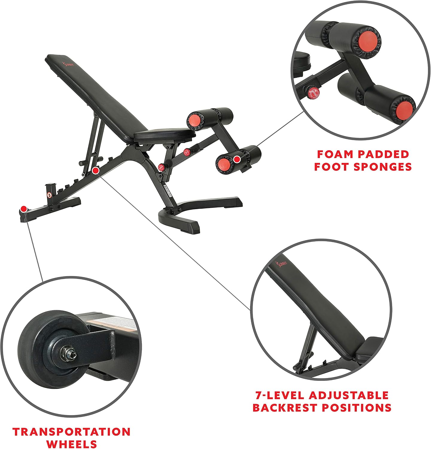 Sunny Health & Fitness Adjustable Weight Bench for Home Gym Strength Training, Incline/Decline, Multi-Position, High Weight Capacity