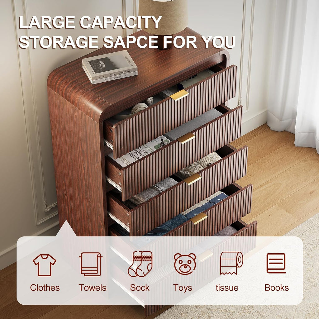 FURSUN Fluted 5 Drawers Dresser for Bedroom, 48' Tall Wooden Modern Dresser with Metal Handle, Curved Profile Design, Storage Organizer for Bedroom, Living Room, Hallway, Dark Walnut