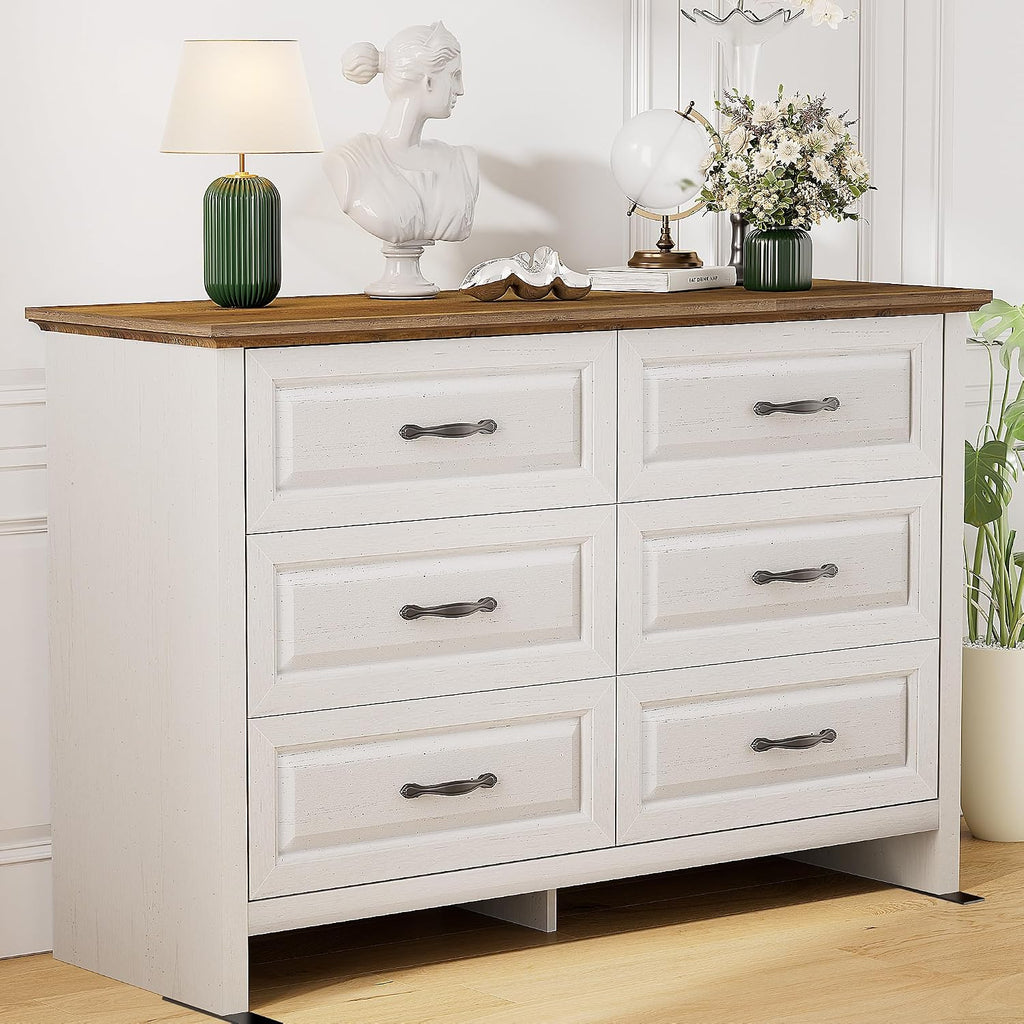 Pipishell White 6 Drawer Dresser for Bedroom, 47' Wide Wood Chest of Drawers with Bar Handles, Modern Storage Dresser Organizer for Bedroom, Living Room, Hallway, Brown & White