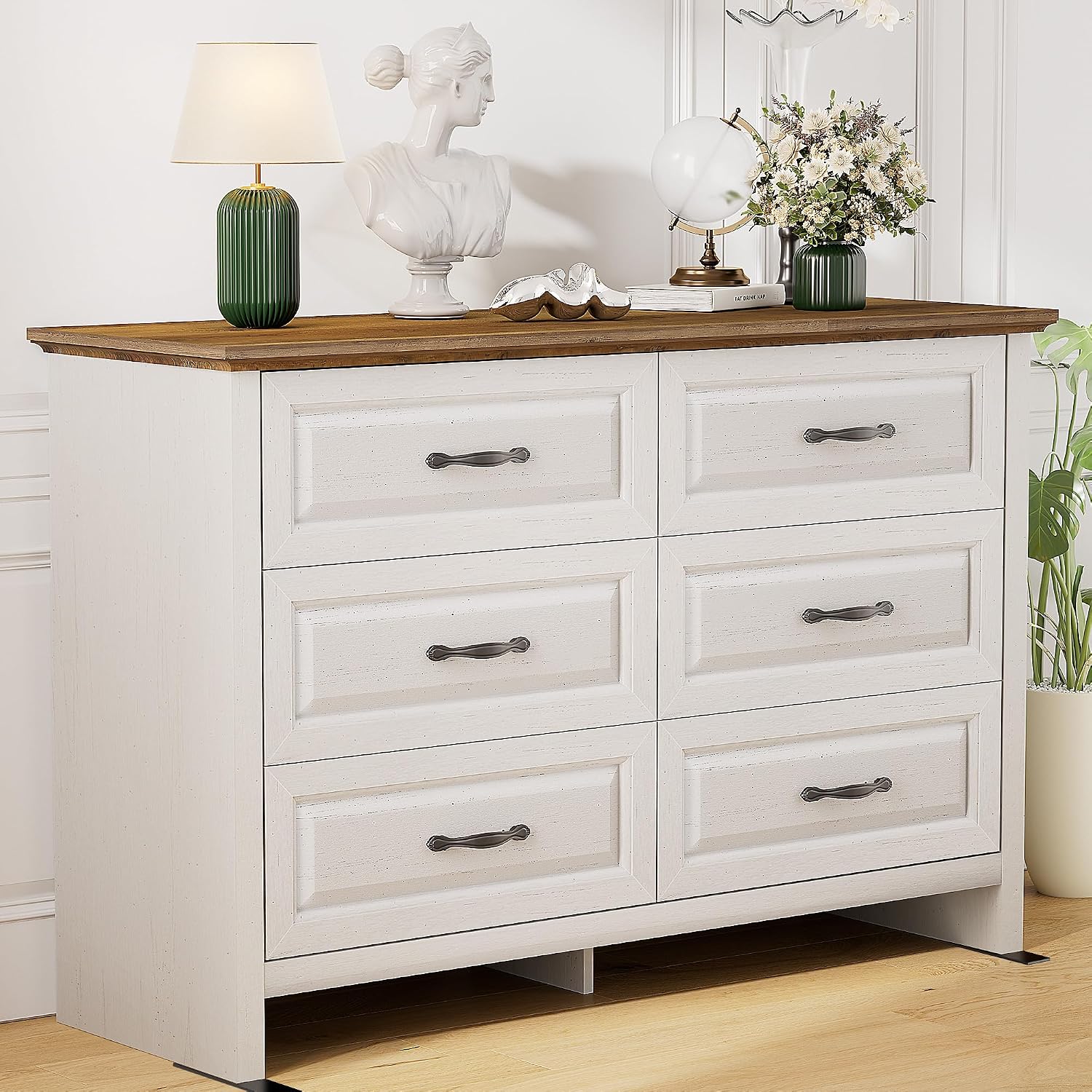 Pipishell White 6 Drawer Dresser for Bedroom, 47' Wide Wood Chest of Drawers with Bar Handles, Modern Storage Dresser Organizer for Bedroom, Living Room, Hallway, Brown & White